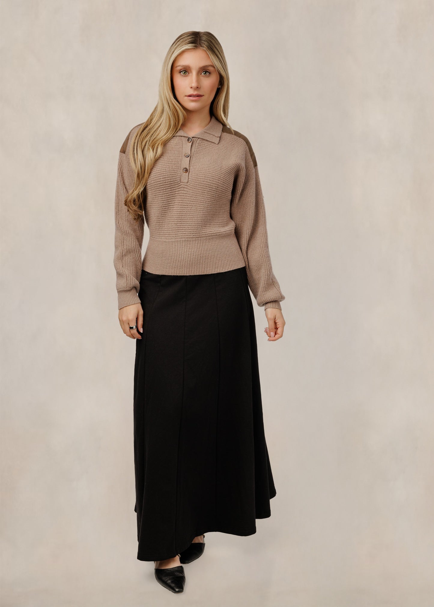 Tan Knit Sweater With Brown Shoulder Patch