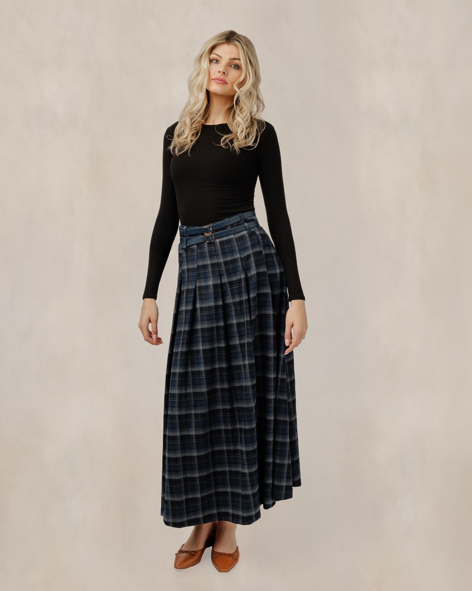 Plaid Skirt With Two Belts - Blue