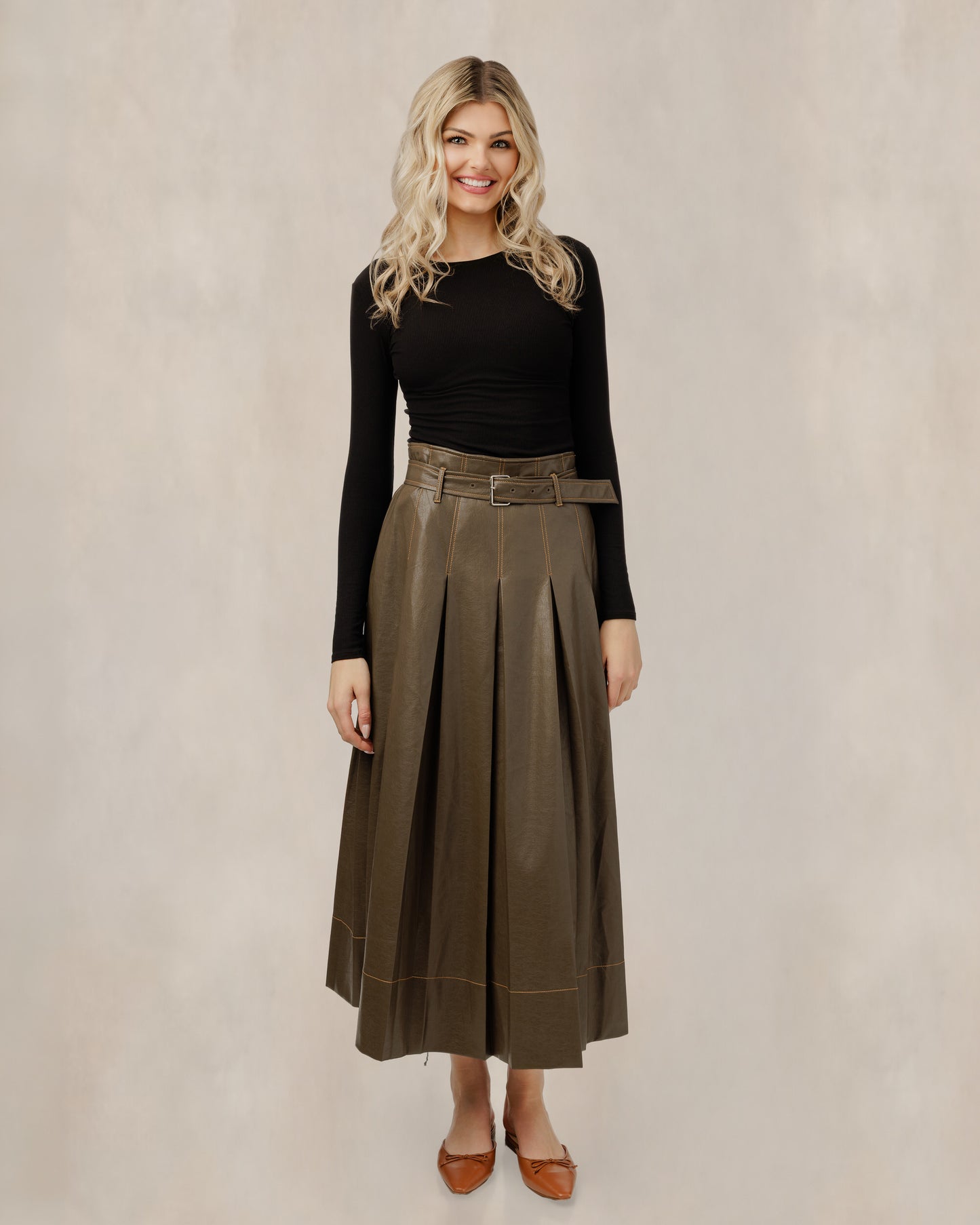 Brown Leather Skirt With Belt - WW61188S-A