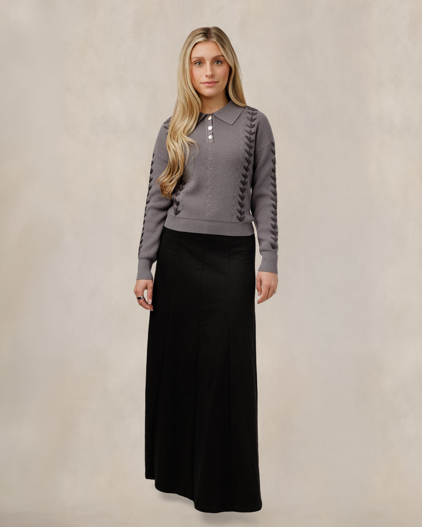 Grey Embroidered Collared Sweater