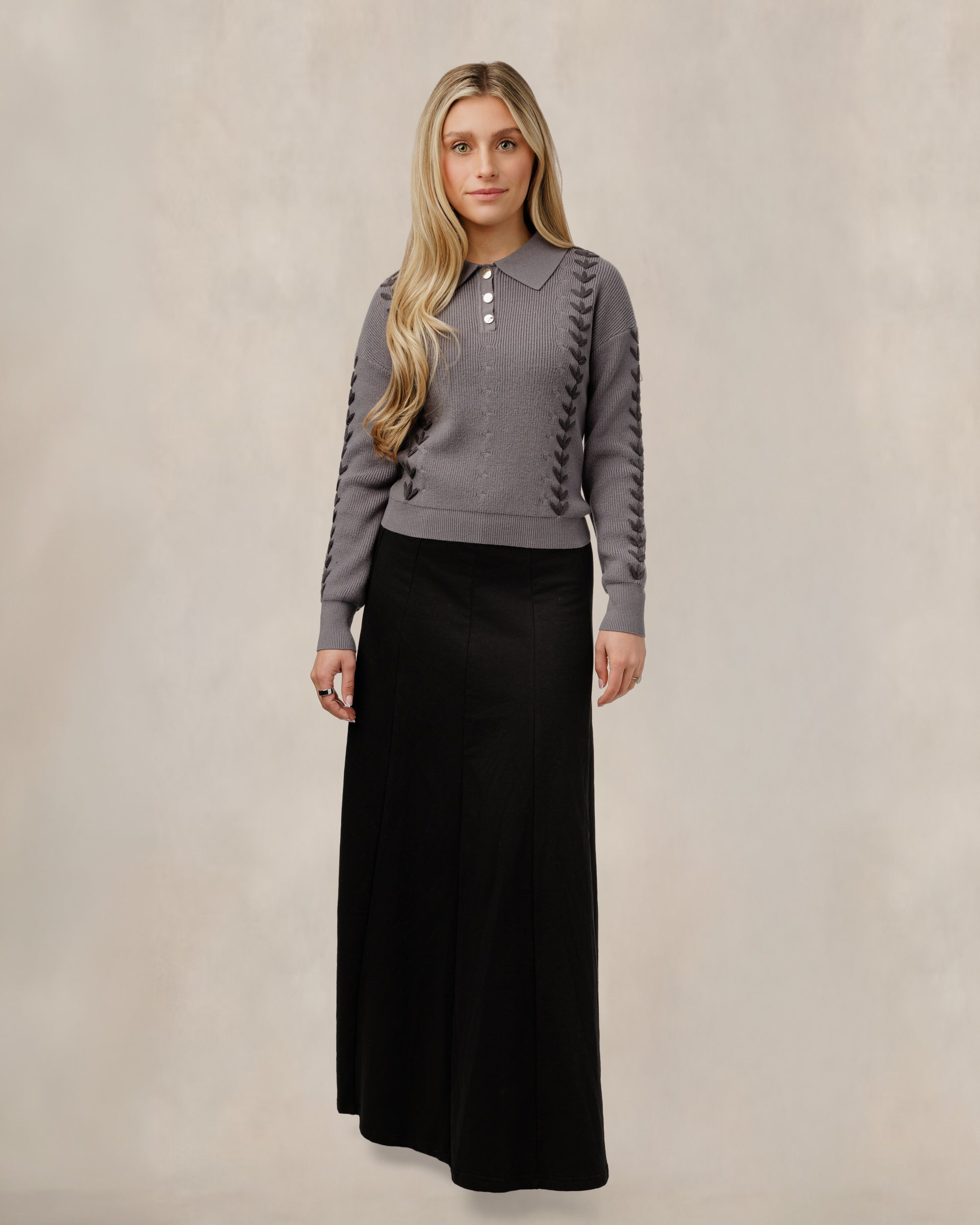 Grey Embroidered Collared Sweater