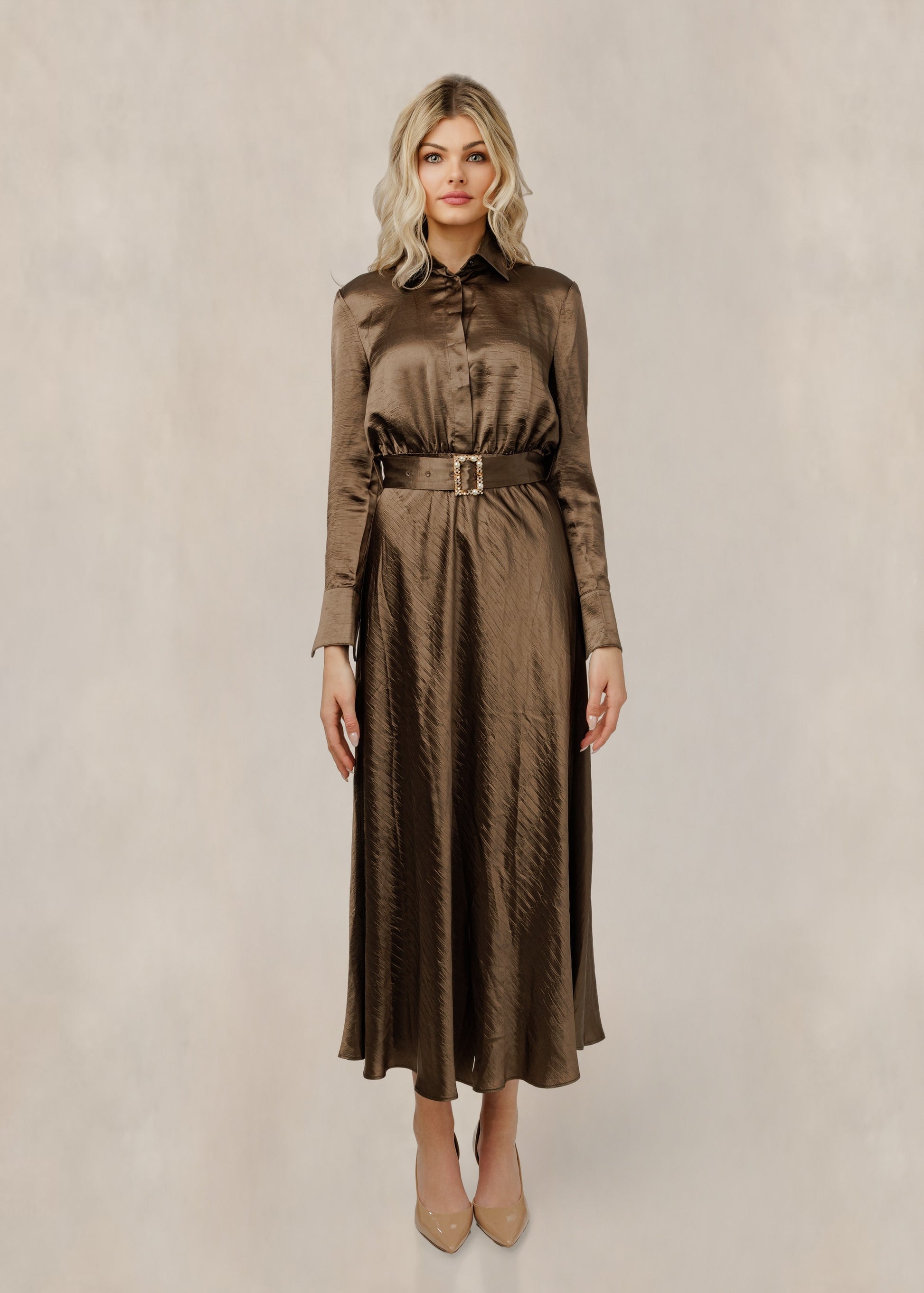 Silk Dress With Belt - Brown - WW61049D-B