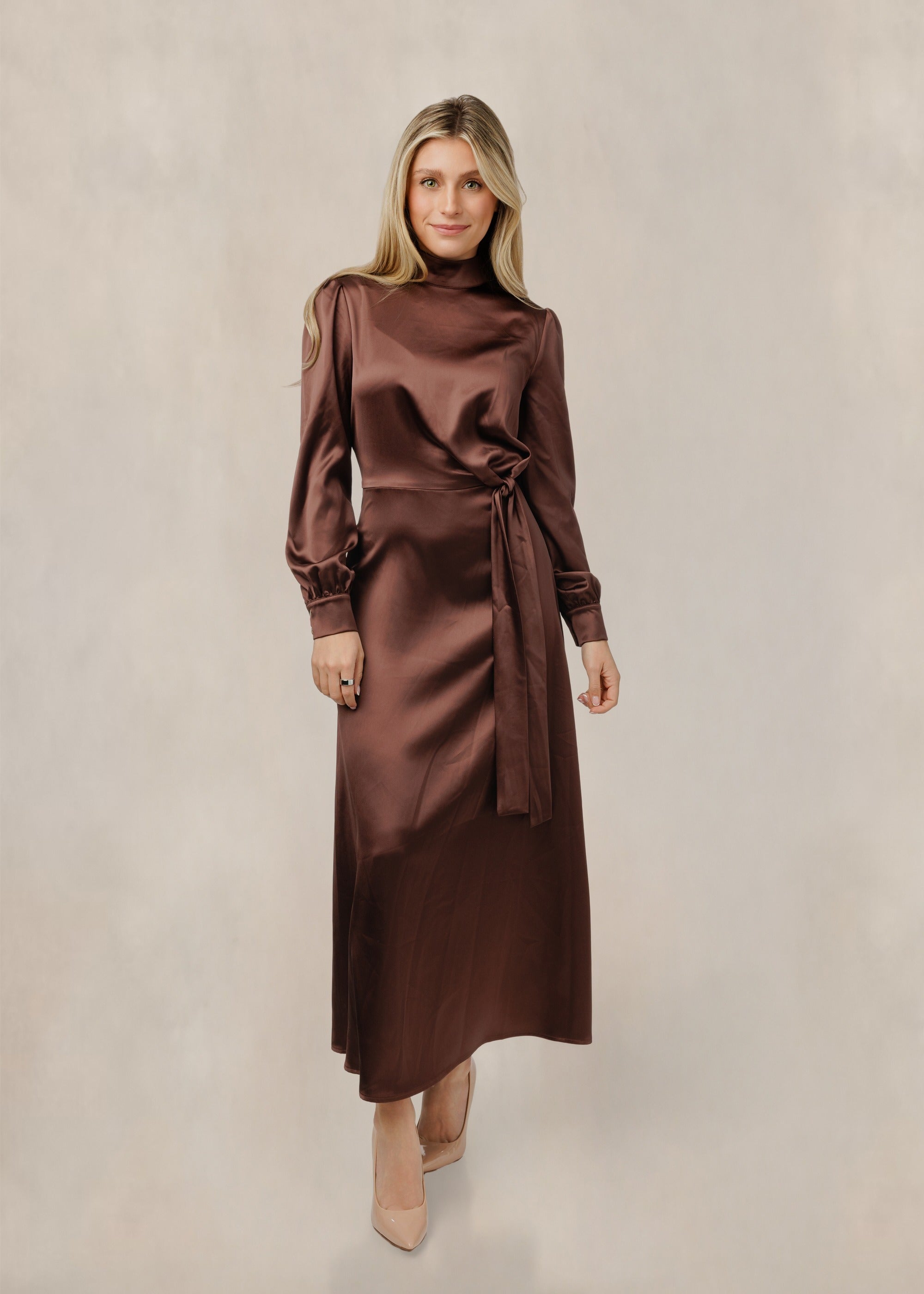 Solid Satin Mock Neck Dress - Brown