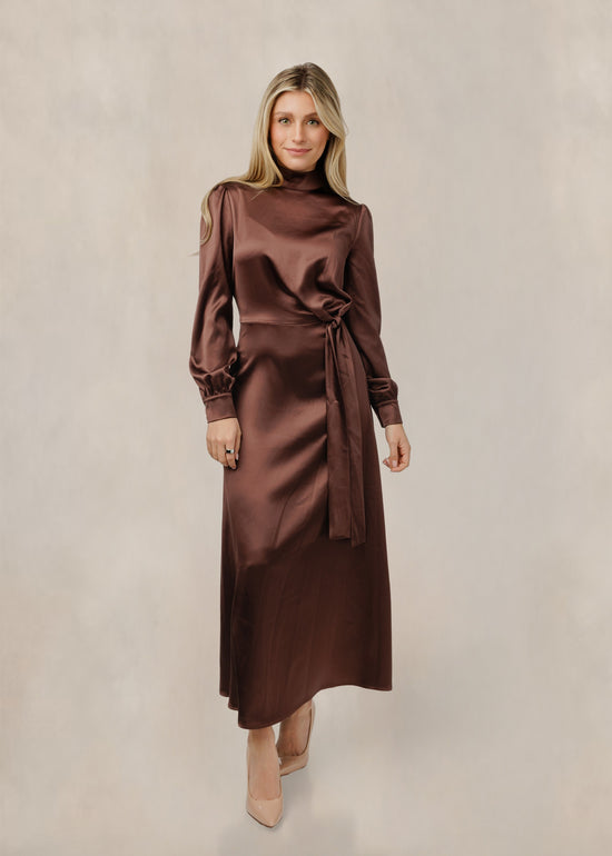 Solid Satin Mock Neck Dress - Brown