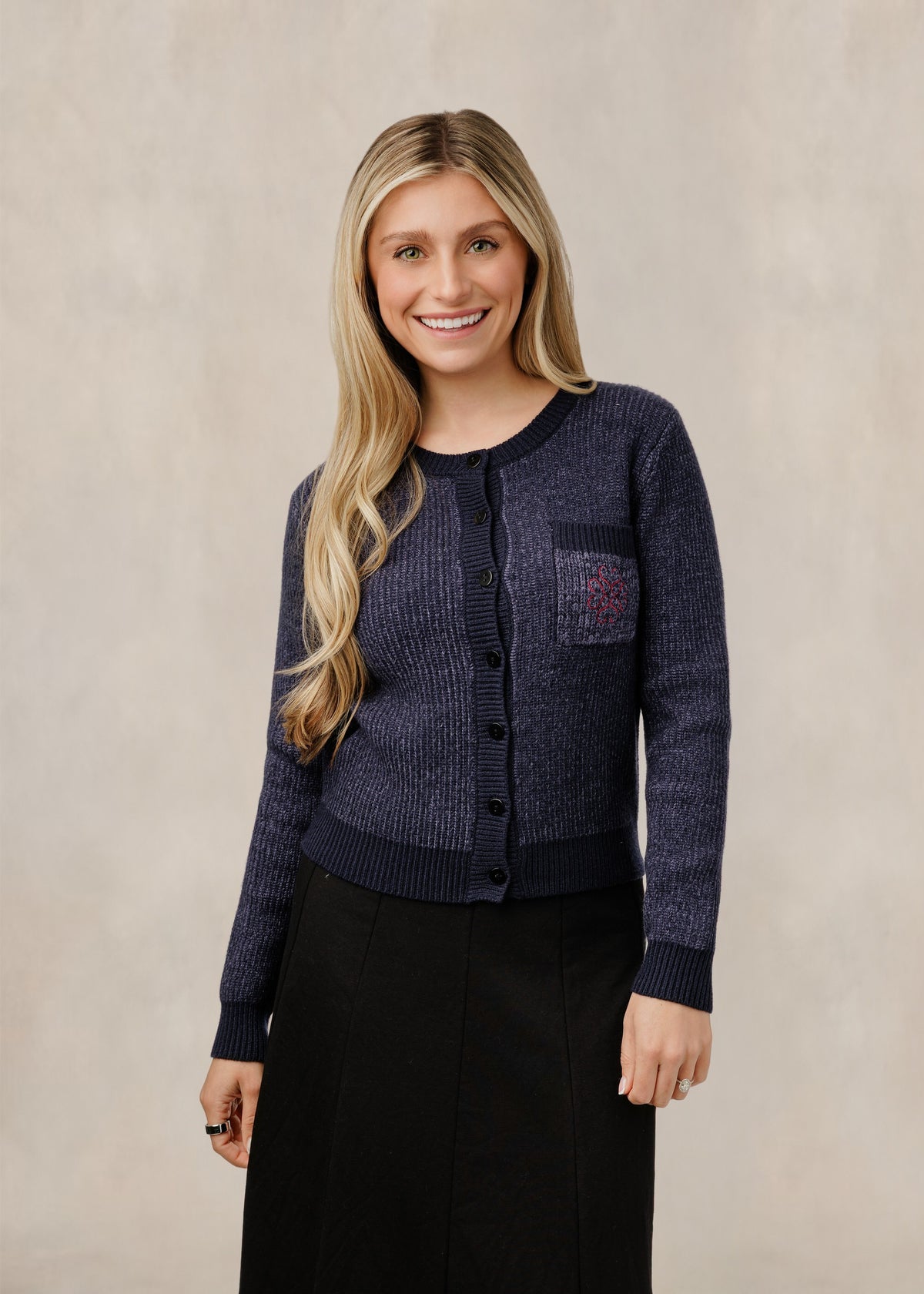 Navy Button Down Cardigan With Embroidered Pocket