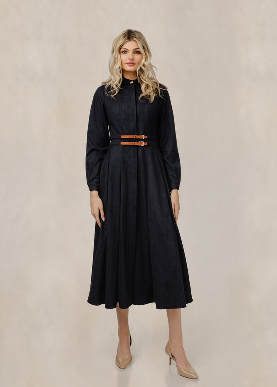 Double Belt Pinstripe Dress - Navy Belt - WW61122D-A