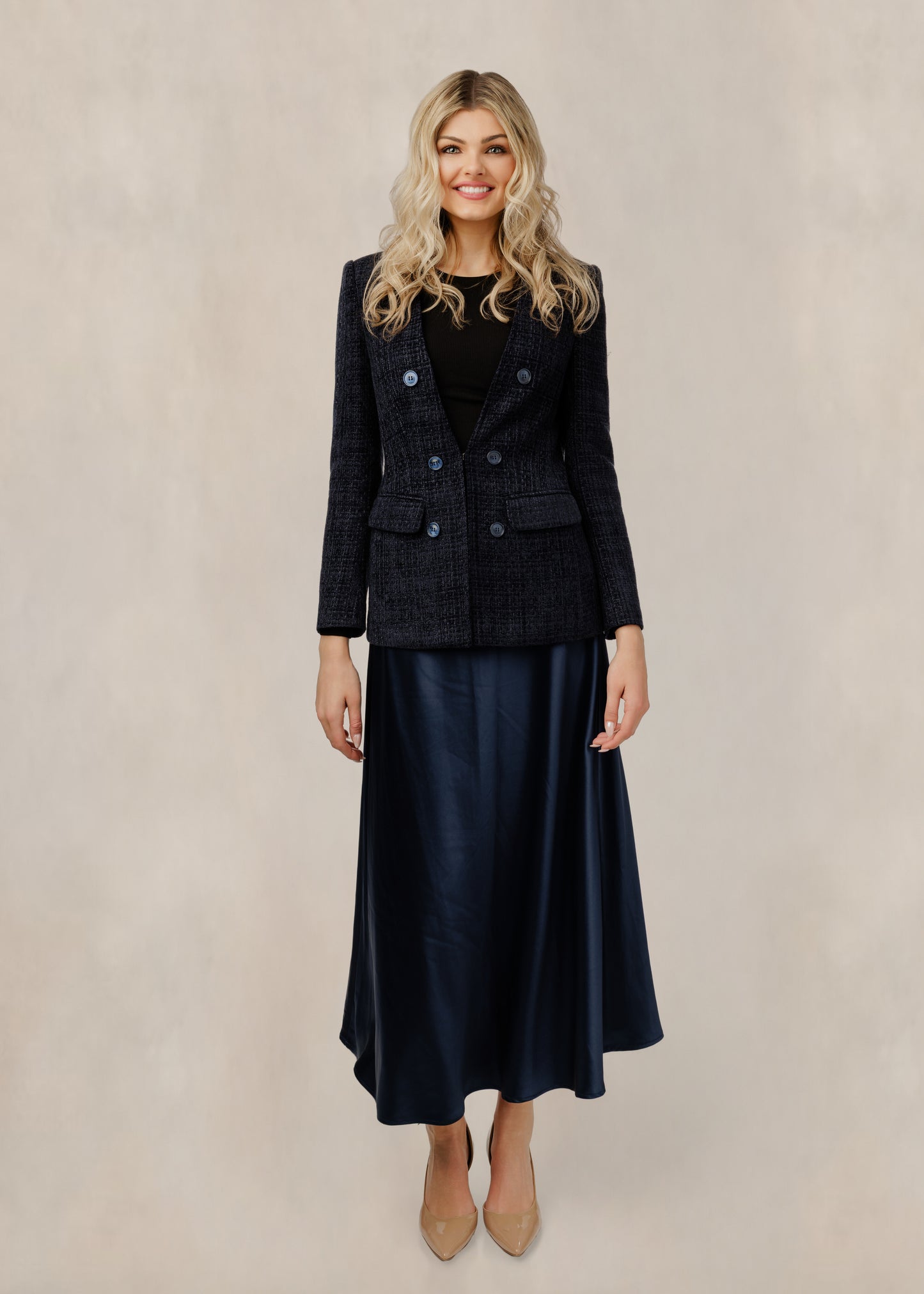 Buttoned Tweed Jacket - Navy - WW61159T-A