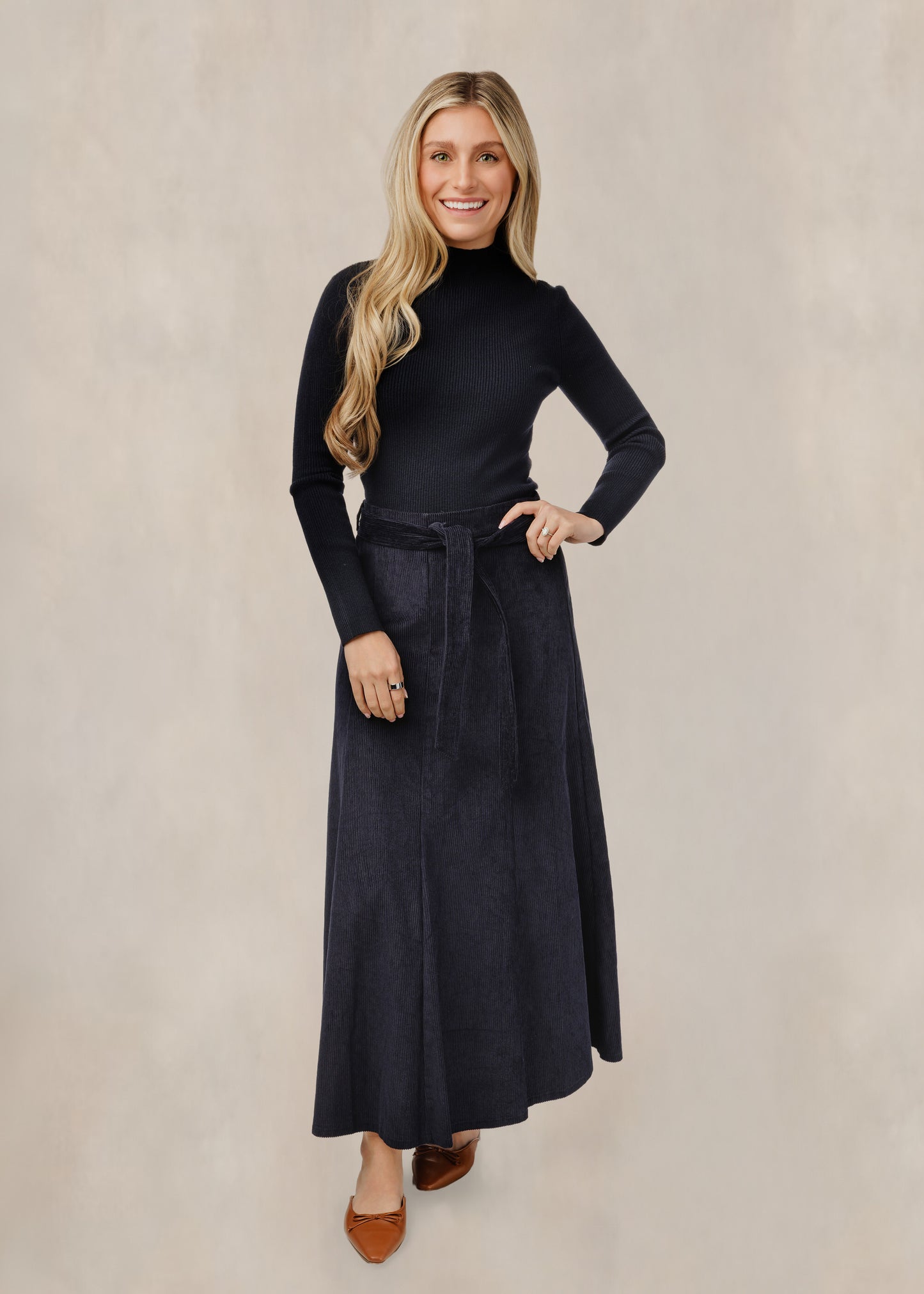 Navy Corduroy Tie Front Skirt