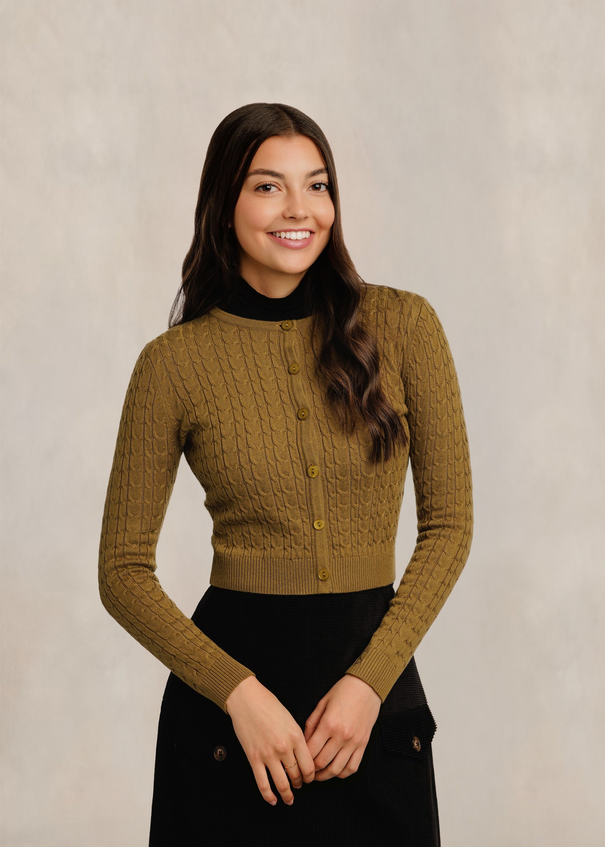 Cable Knit Button Front Cardigan - Green