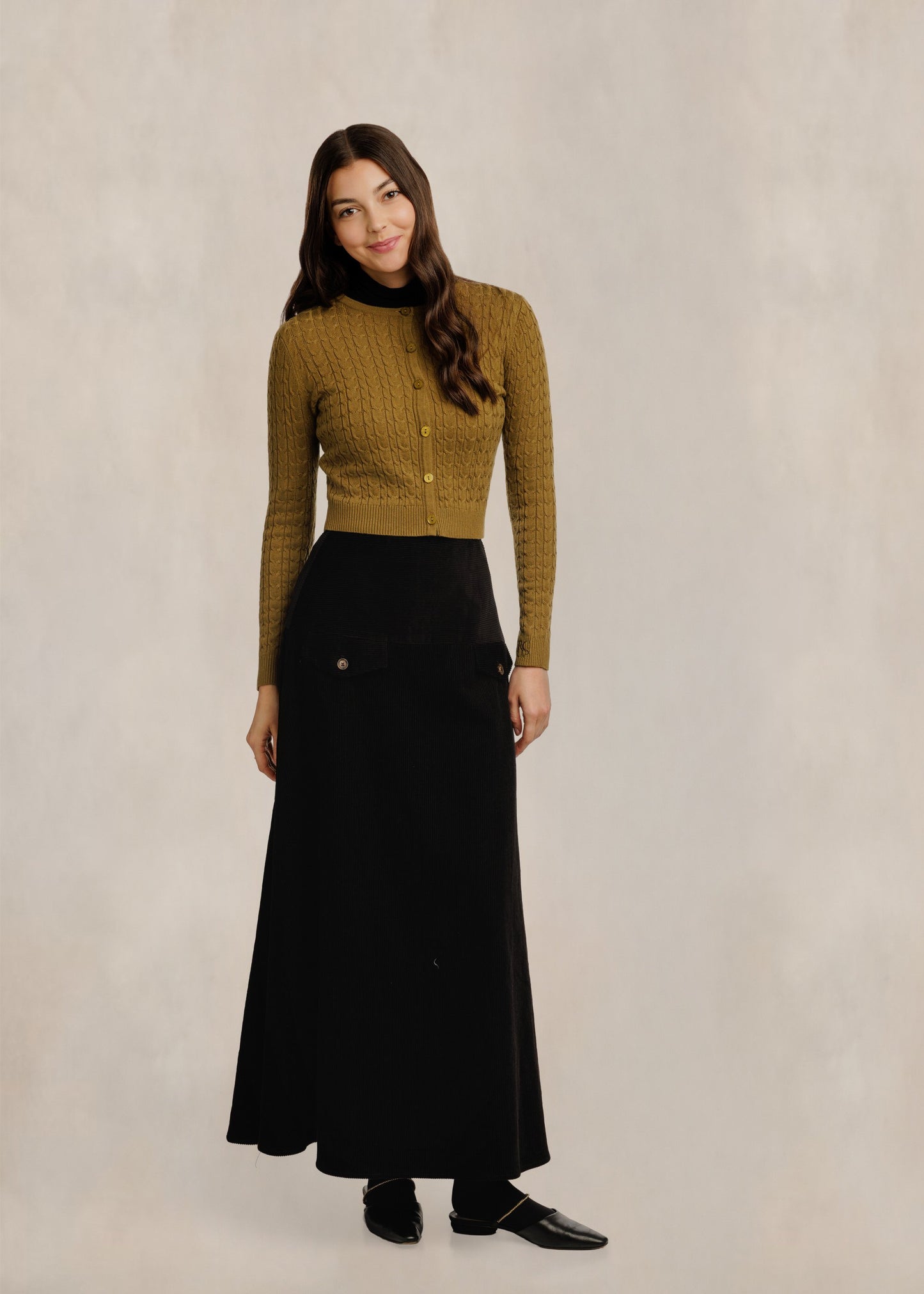 Cable Knit Button Front Cardigan - Green