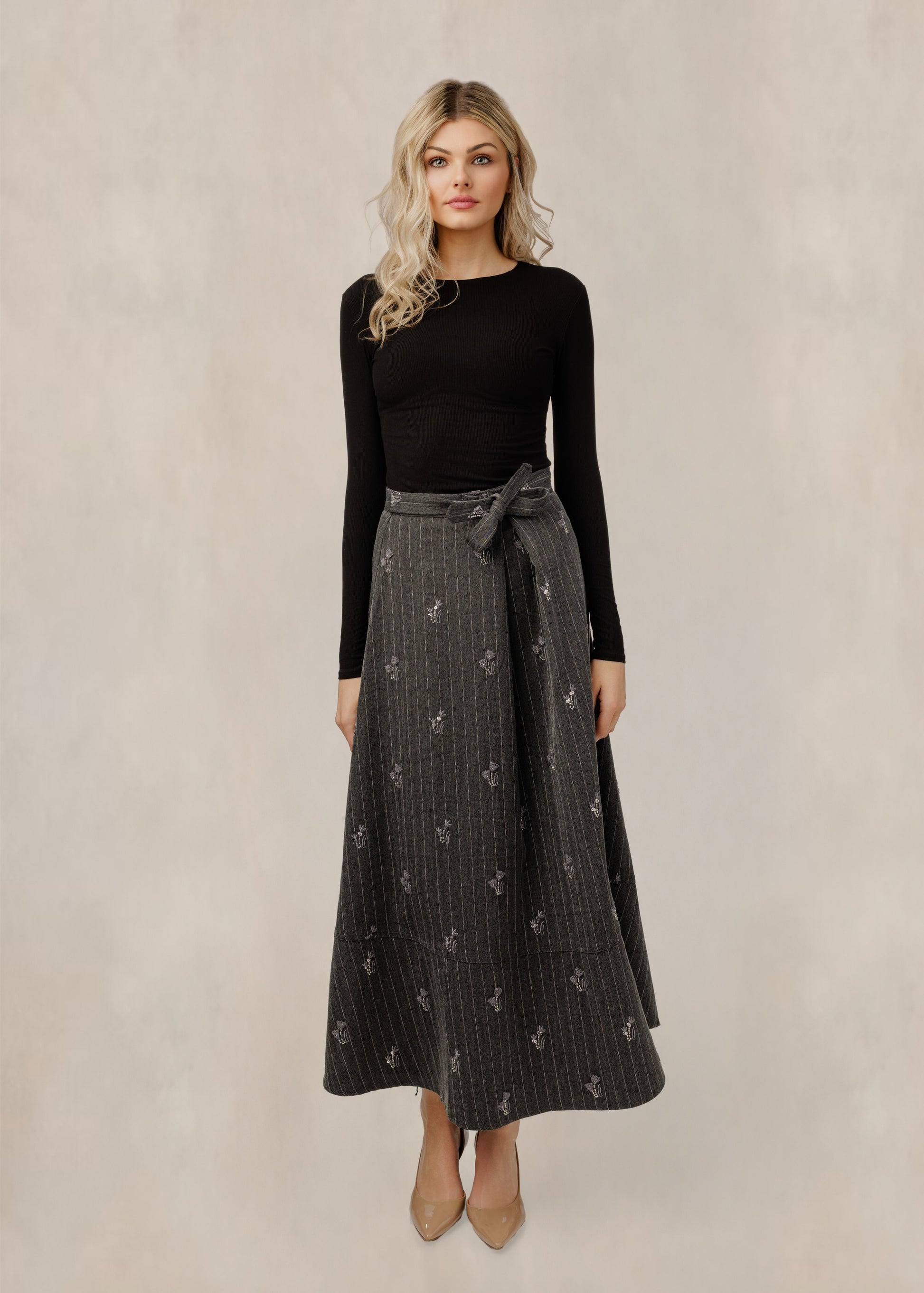 Embroidered Pinstripe Skirt