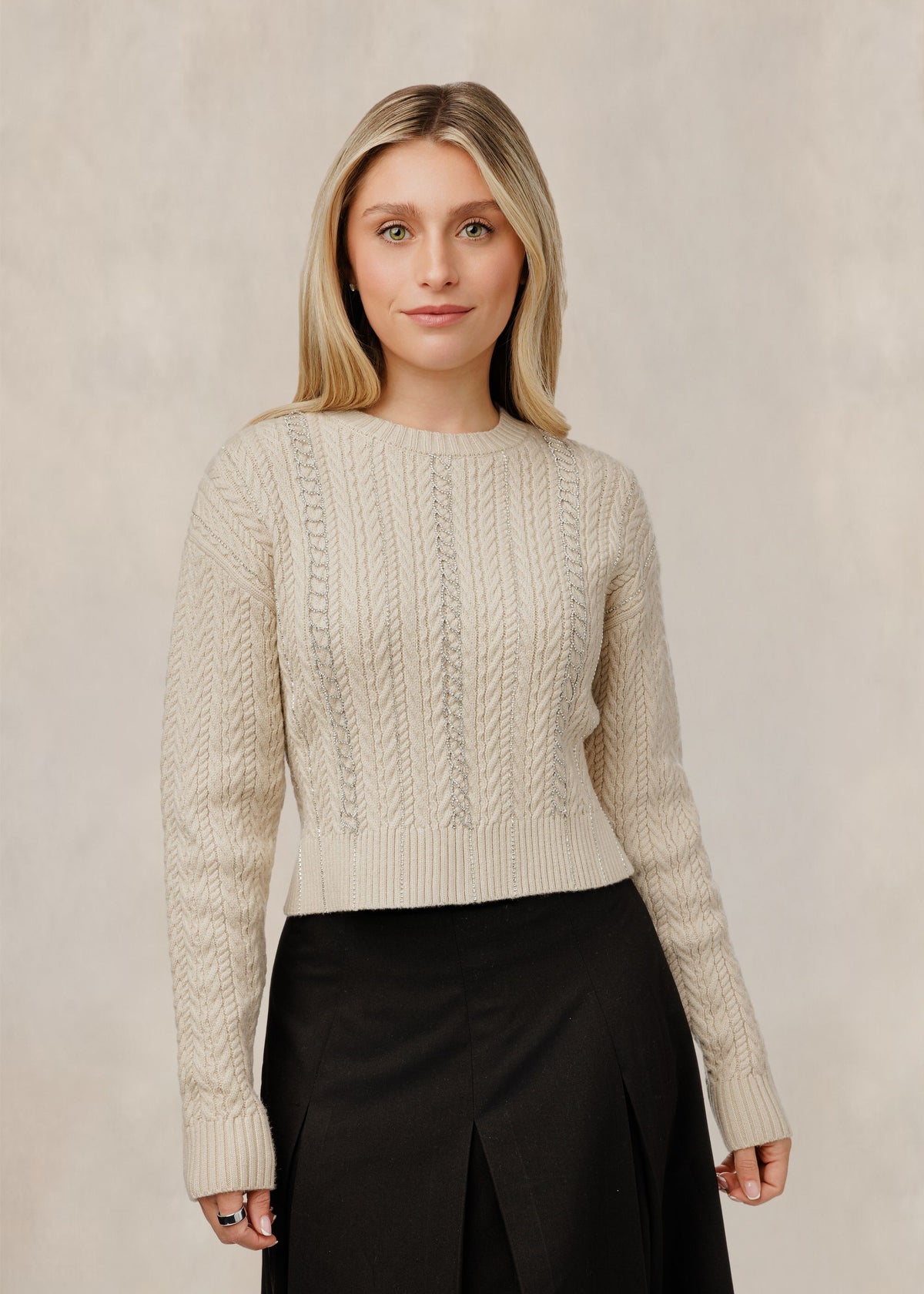 Ivory Rhinestone Cable Knit Sweater