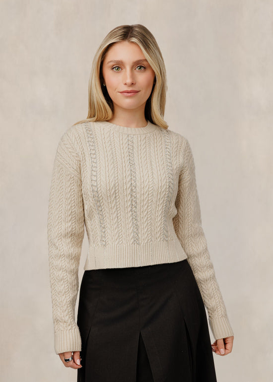 Ivory Rhinestone Cable Knit Sweater