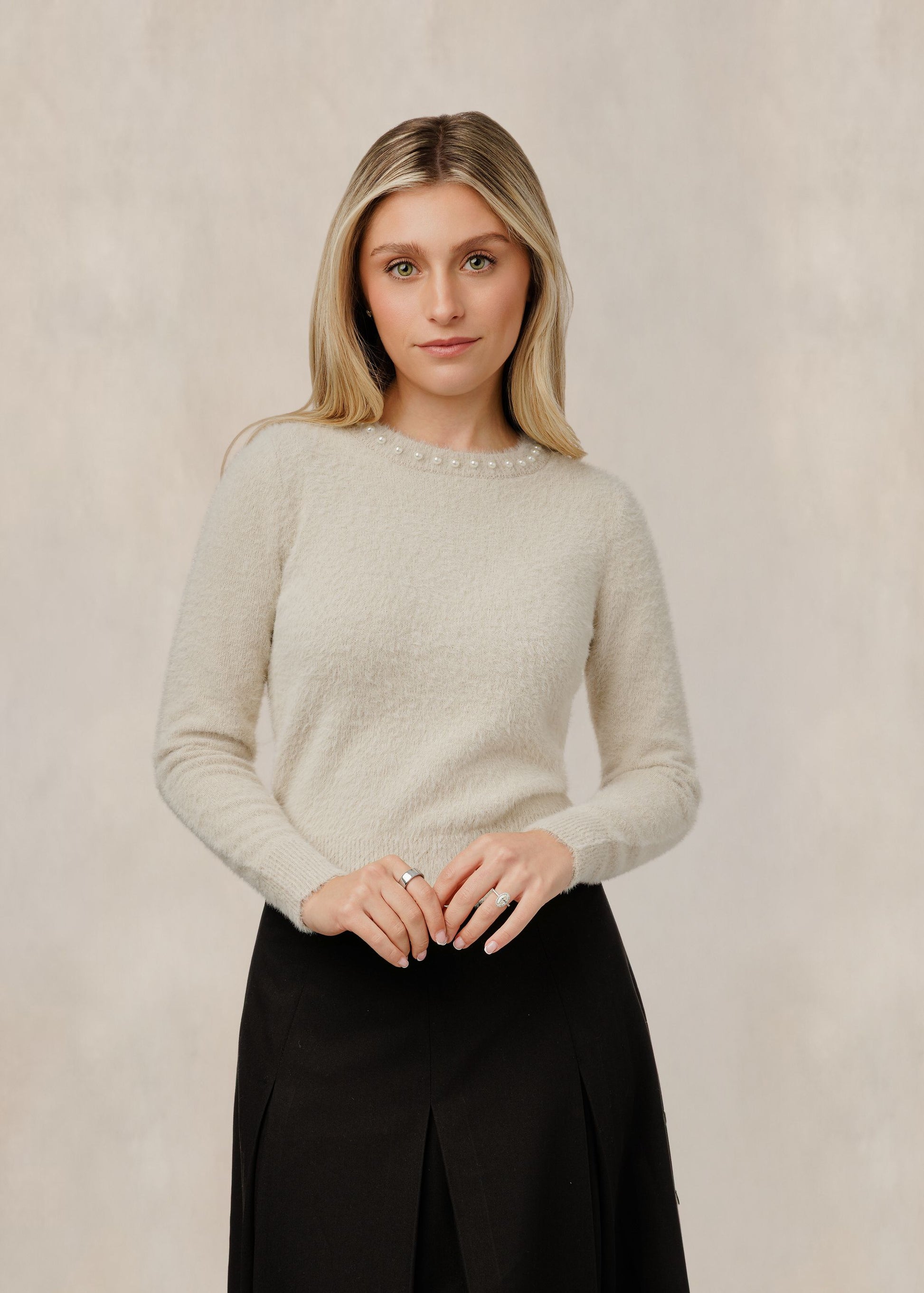 Ivory Sweater With Pearl Collar