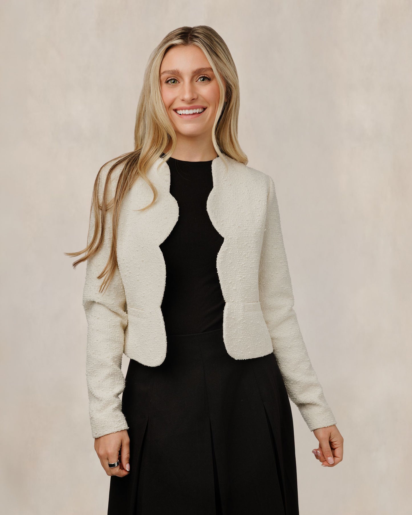 Textured Scalloped Edge Jacket - Ivory - WW61162T-A
