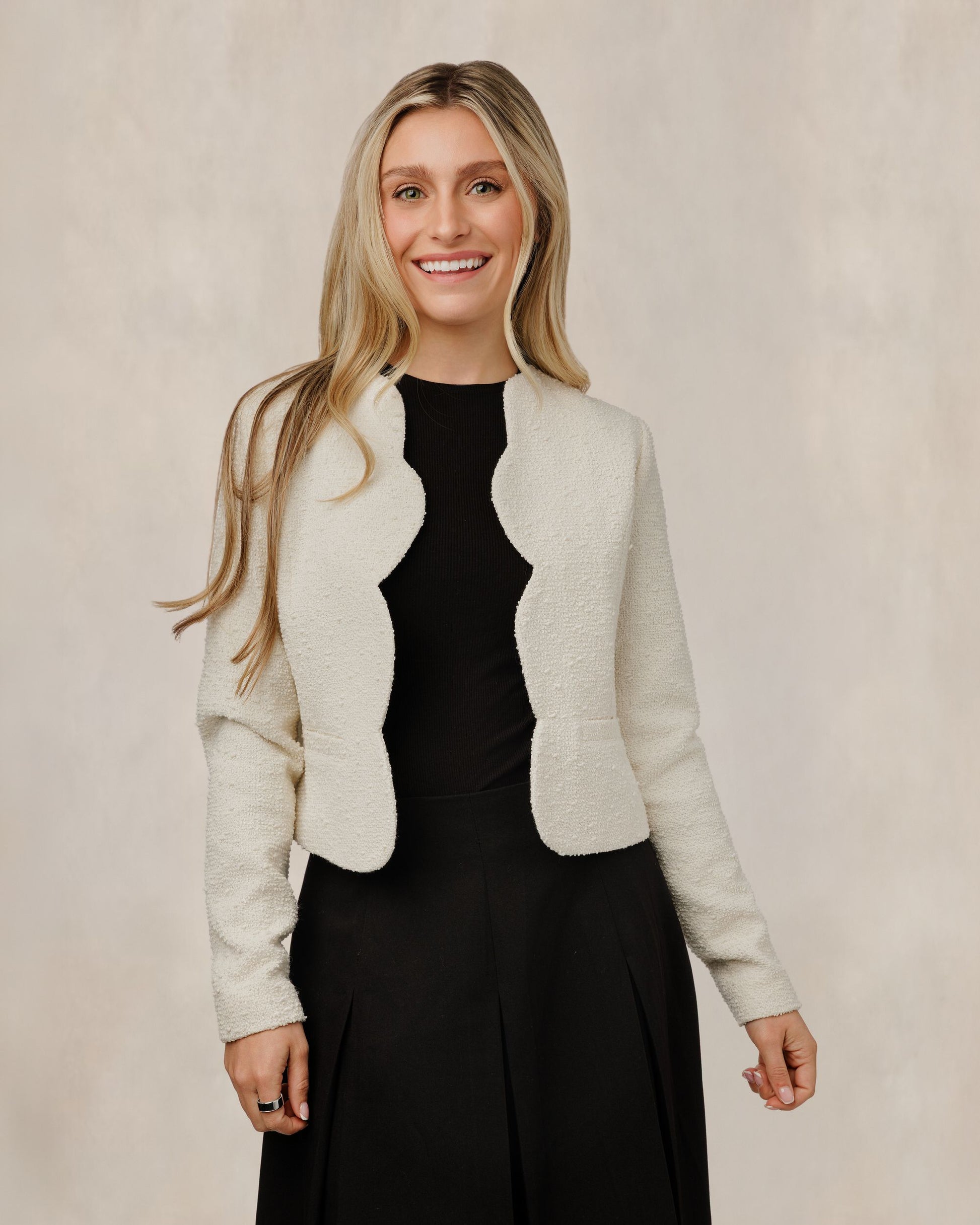 Textured Scalloped Edge Jacket - Ivory - WW61162T-A