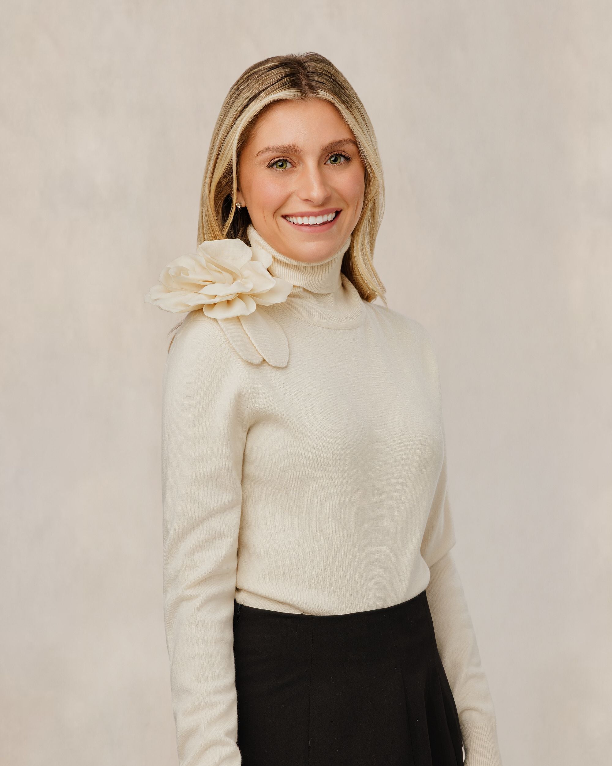 Ivory Flower Appliqu?? Knit Turtleneck