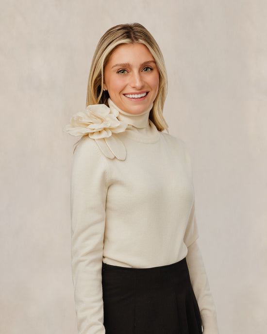 Ivory Flower Appliqu?? Knit Turtleneck