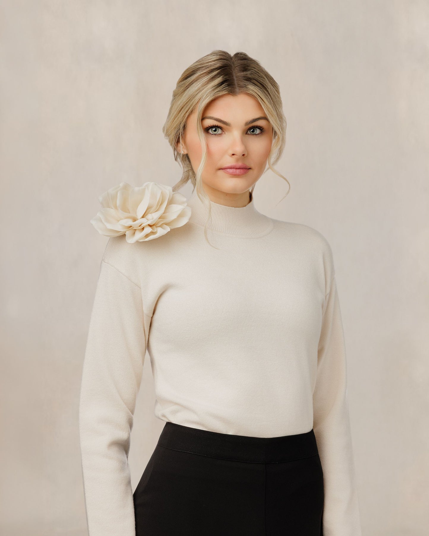 Ivory Flower Appliqu?? Knit Mock Neck