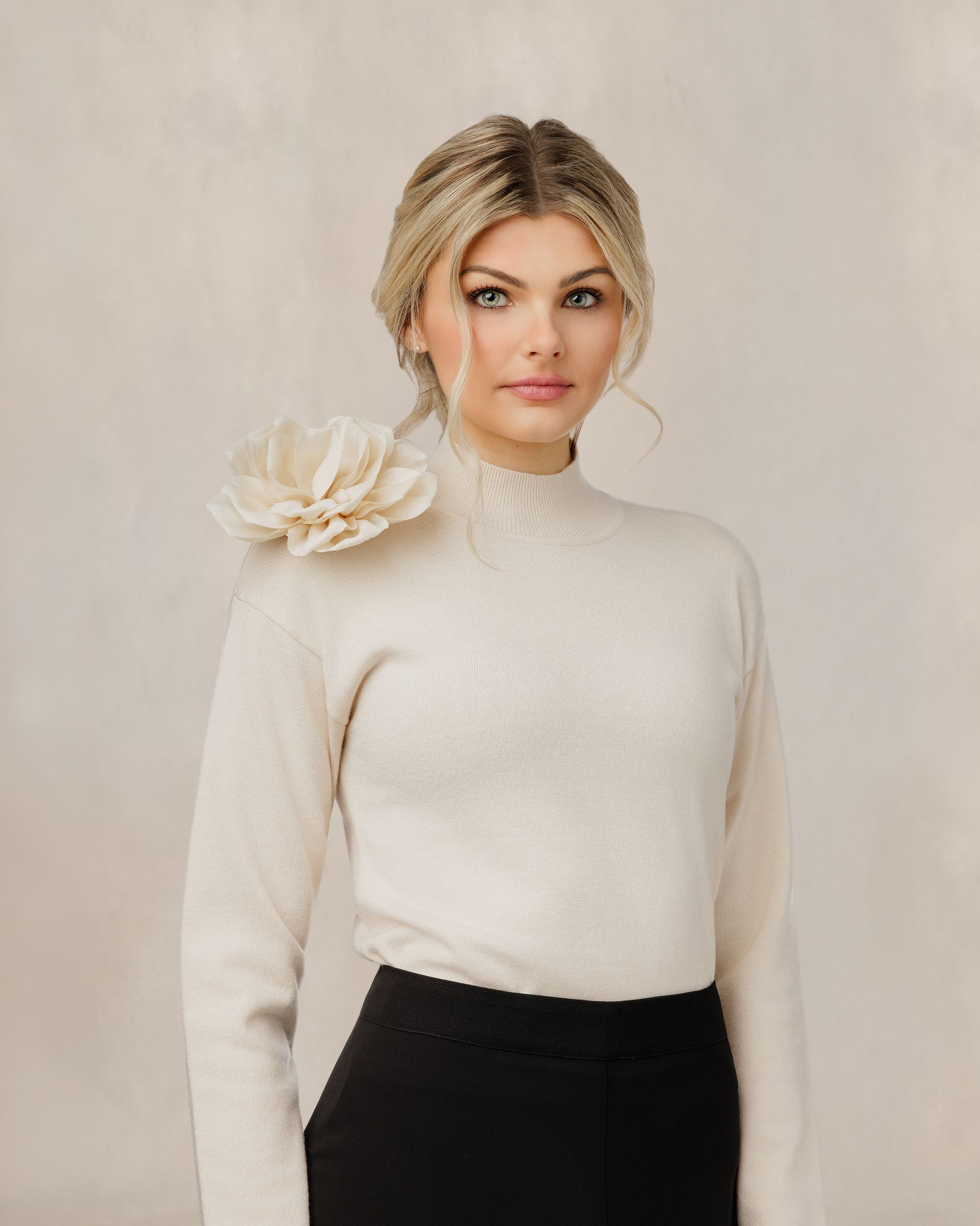 Ivory Flower Appliqu?? Knit Mock Neck