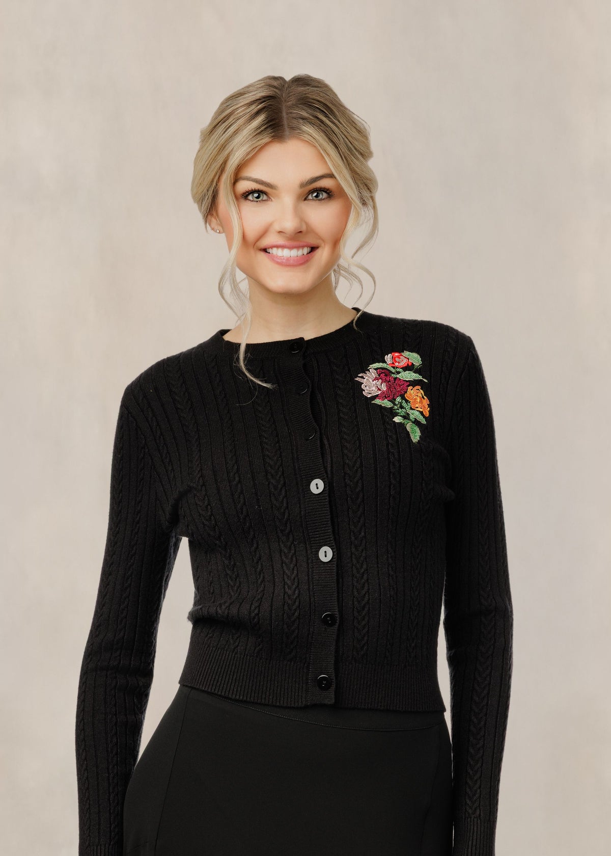 Embroidered Floral Cable Knit Cardigan