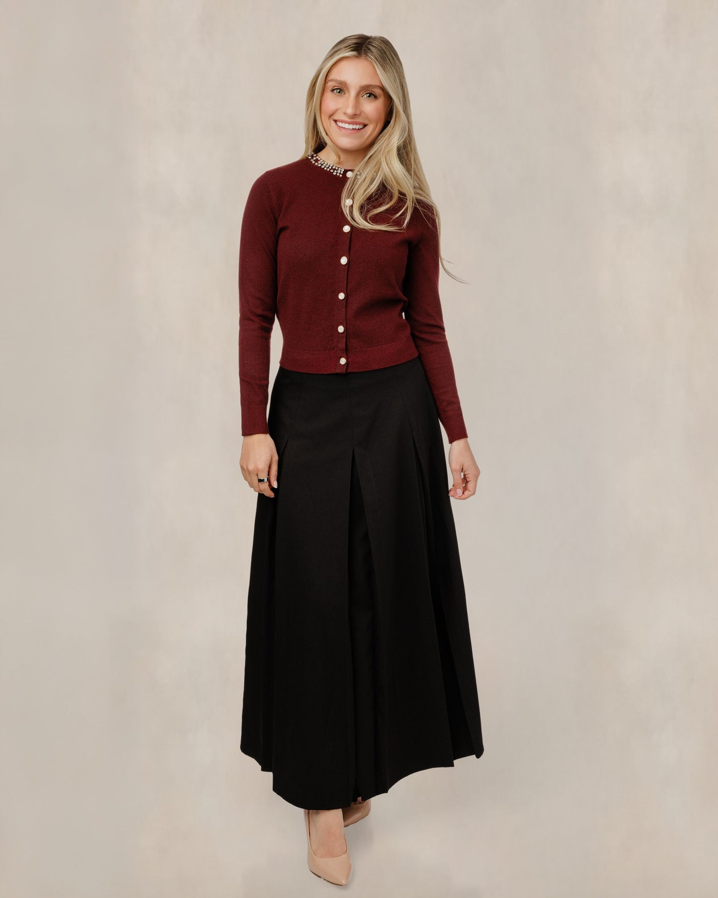 Cardigan With Rhinestone Neck Trim - Burgundy
