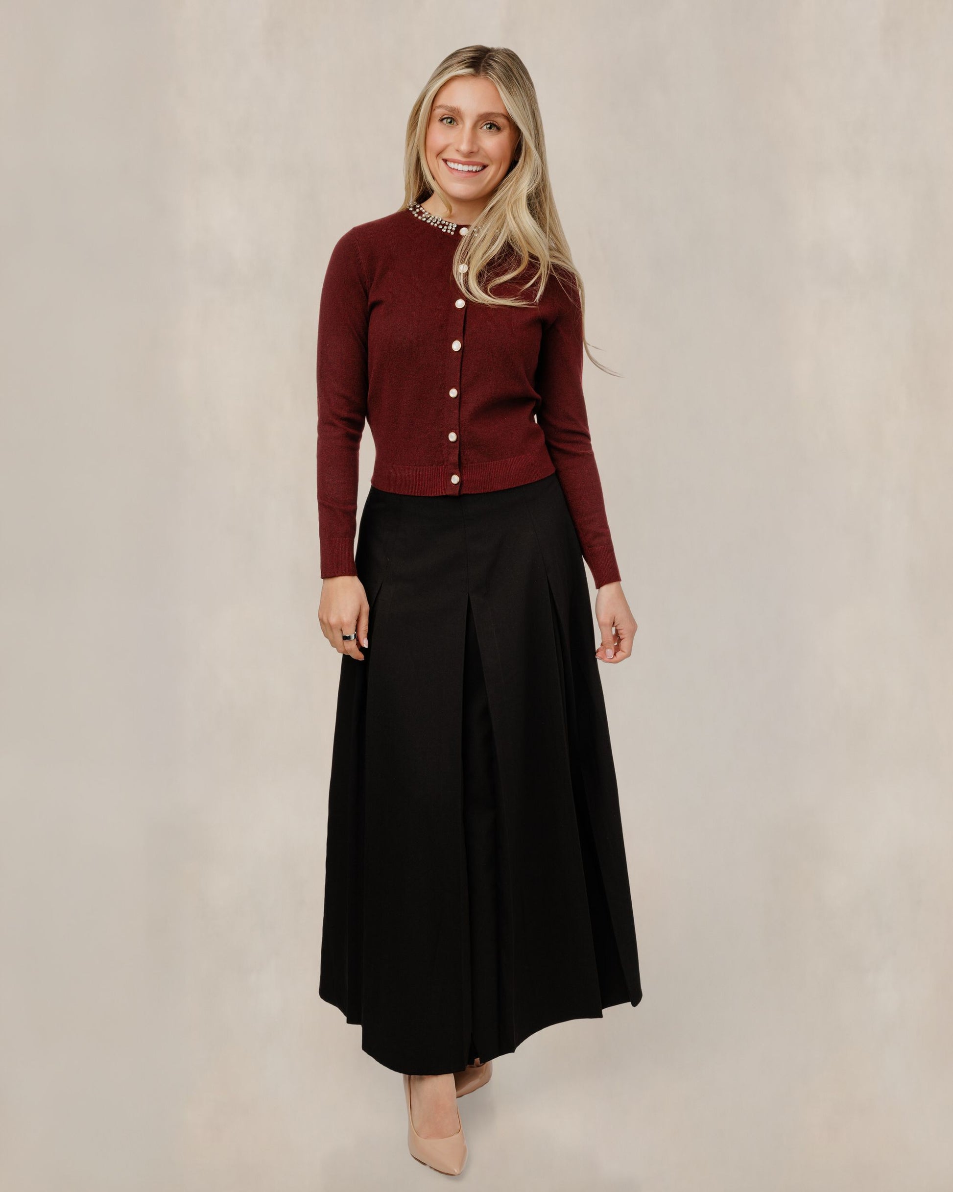 Cardigan With Rhinestone Neck Trim - Burgundy