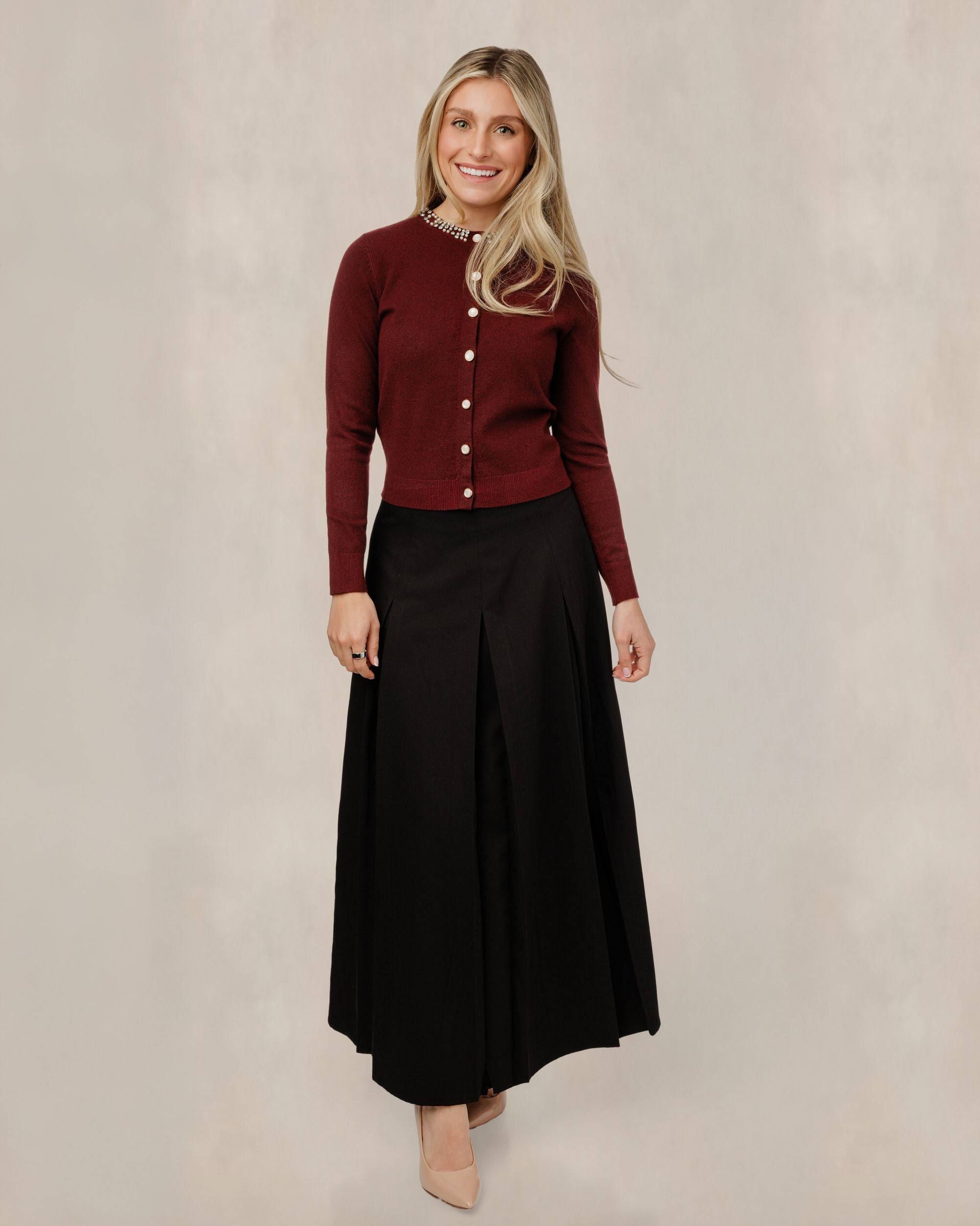 Cardigan With Rhinestone Neck Trim - Burgundy