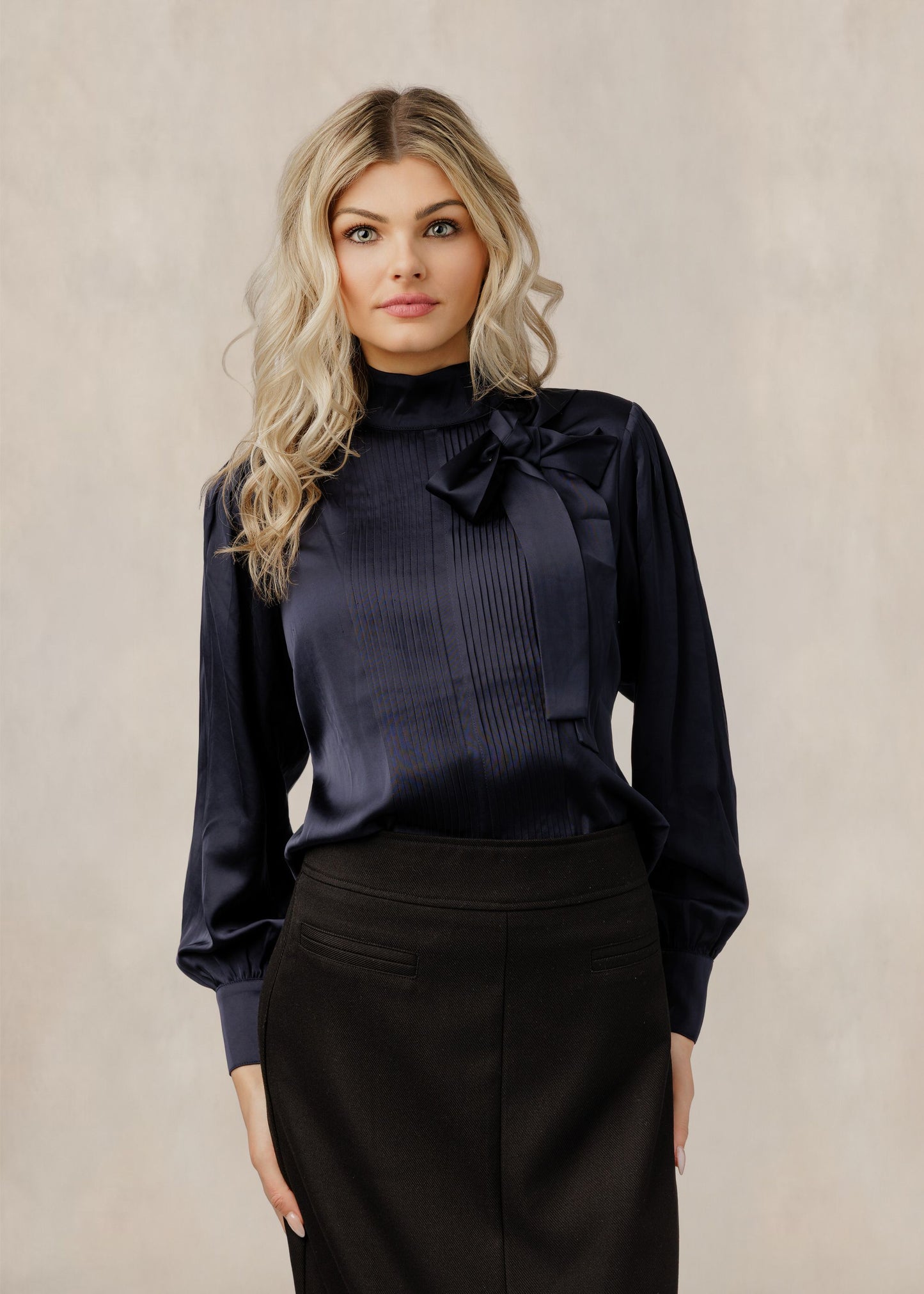 Navy Blue Silk Blouse With Neck Tie