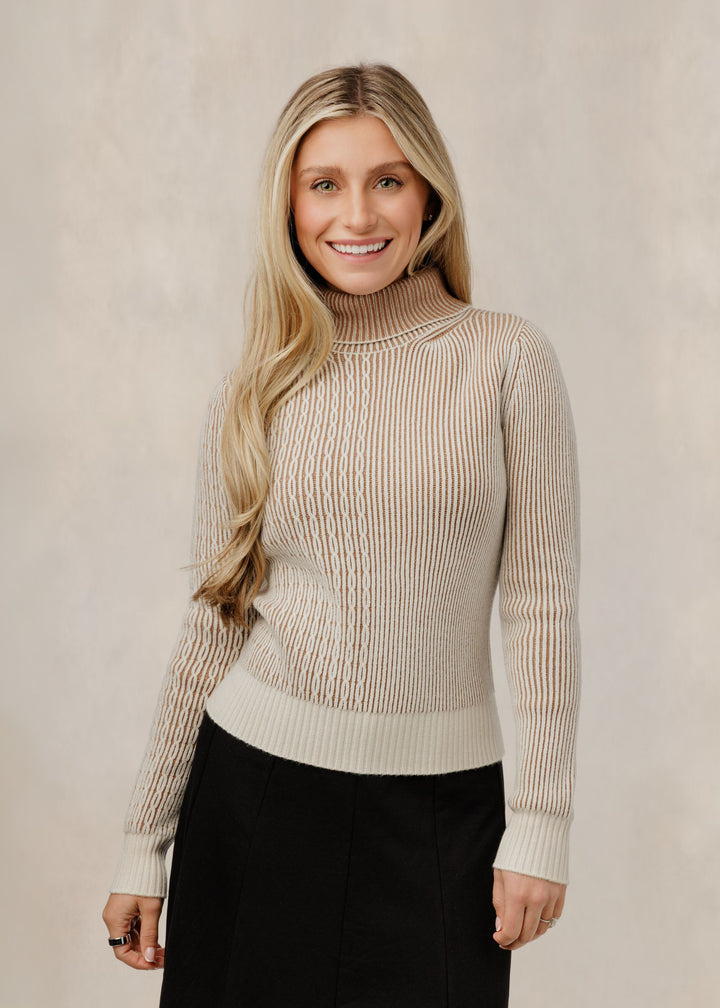 Brown/Cream Ribbed Knit Turtleneck Sweater