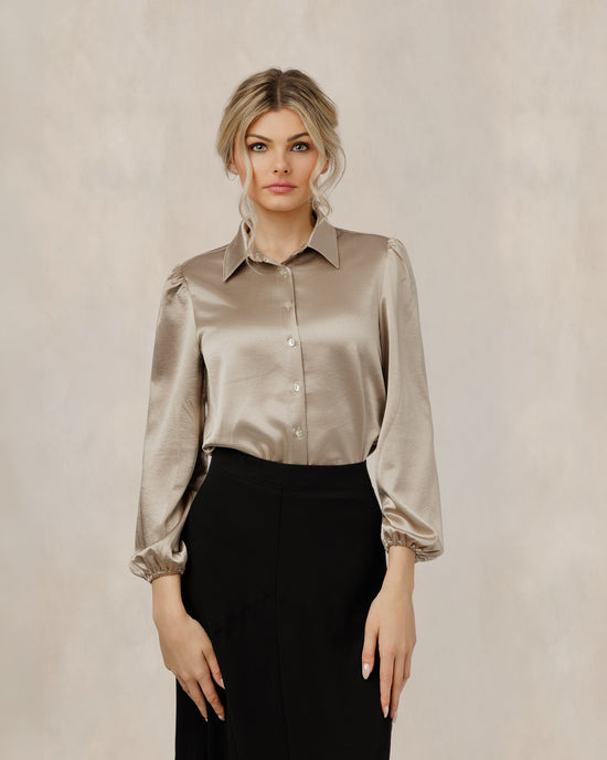 Tan Silk Blouse With Neck Tie