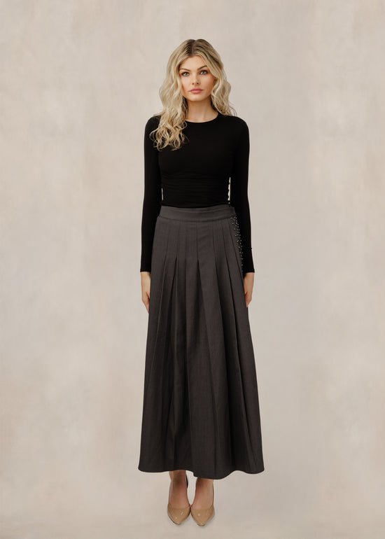 Grey Pleated Skirt With Studs
