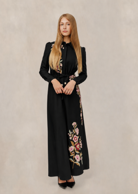 Embroidered Floral Dress W/ Braided Belt - Black
