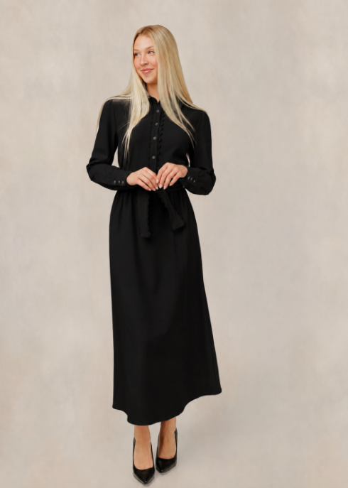 Button-Front Dress W/ Scalloped Trim & Tie Belt - Black