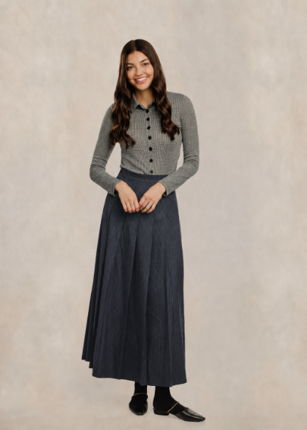 Pinstripe Pleated Skirt - Navy