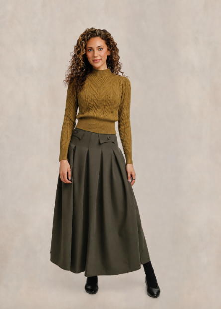 Pleated Flap Detail Flowy Skirt - Olive