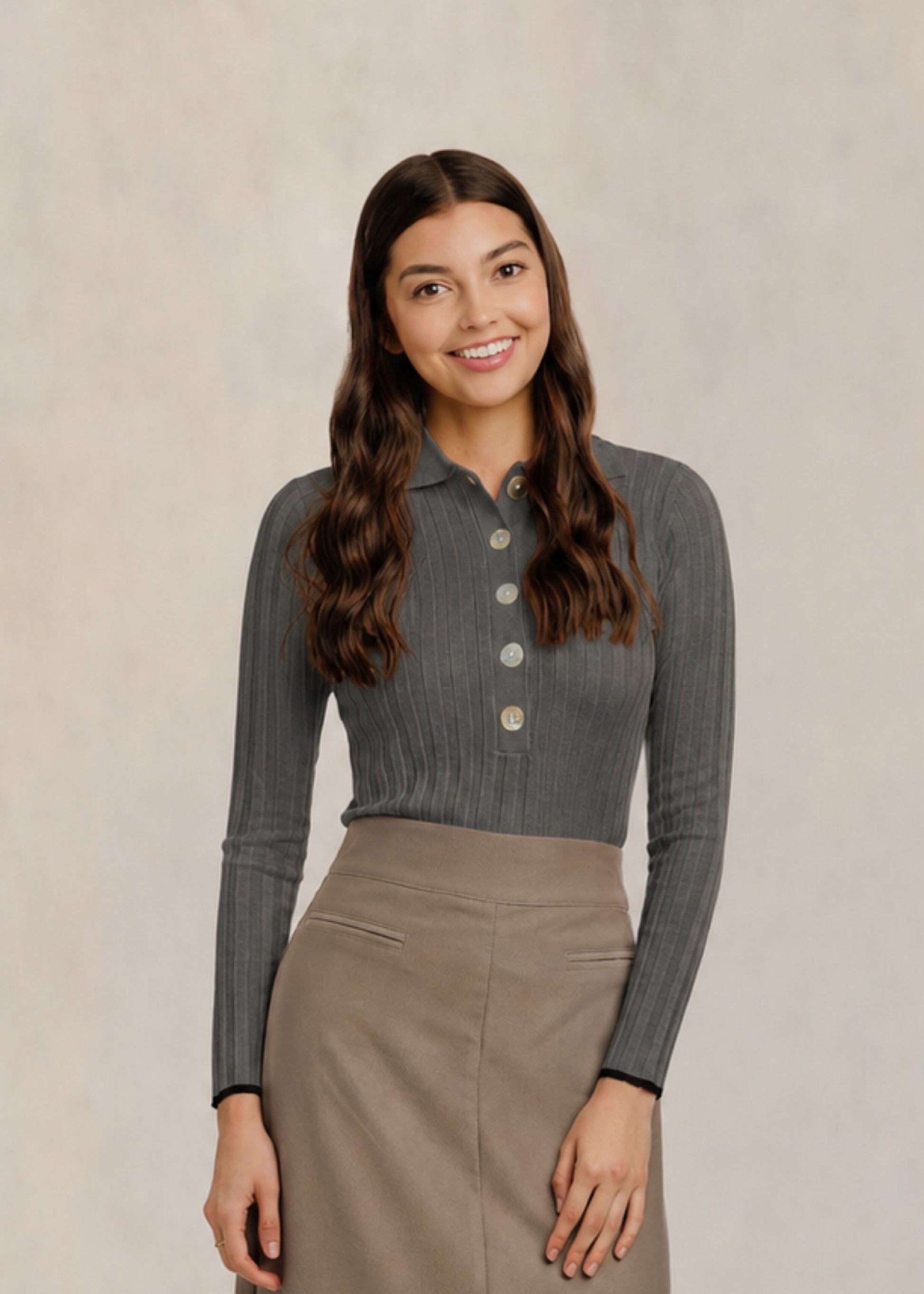 Ribbed Polo Top - Heather Grey