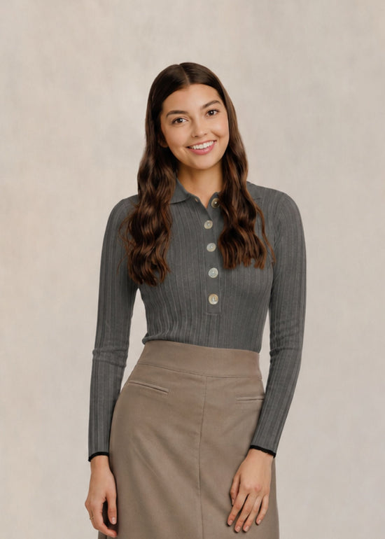 Ribbed Polo Top - Heather Grey