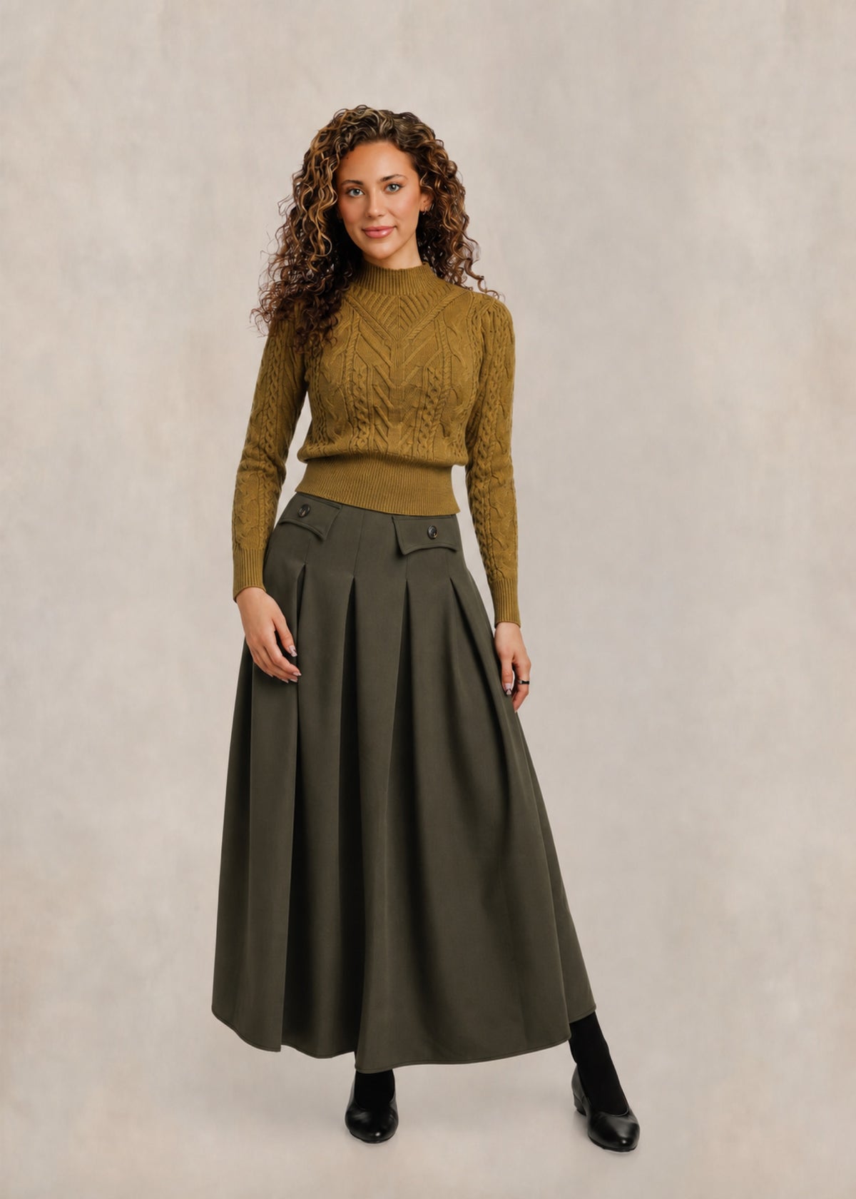Pleated Flap Detail Flowy Skirt - Olive