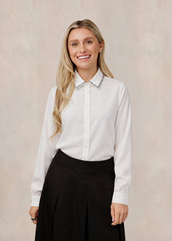 White Blouse W/ Contrast Stitch Collar Trim - W/O Ruffle