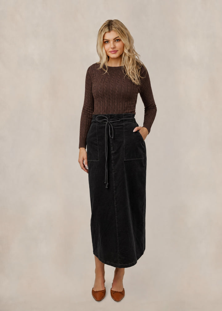 Corduroy Drawstring Column Skirt - Black