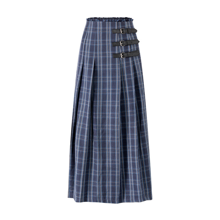 Blue Plaid Pleated Buckle Detail Skirt