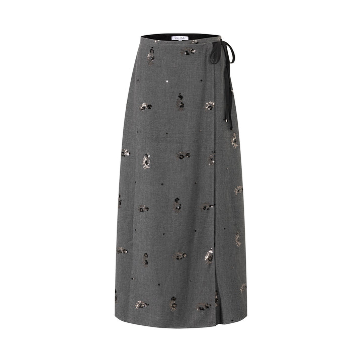 Grey Sequinned Flowers Wrap Skirt