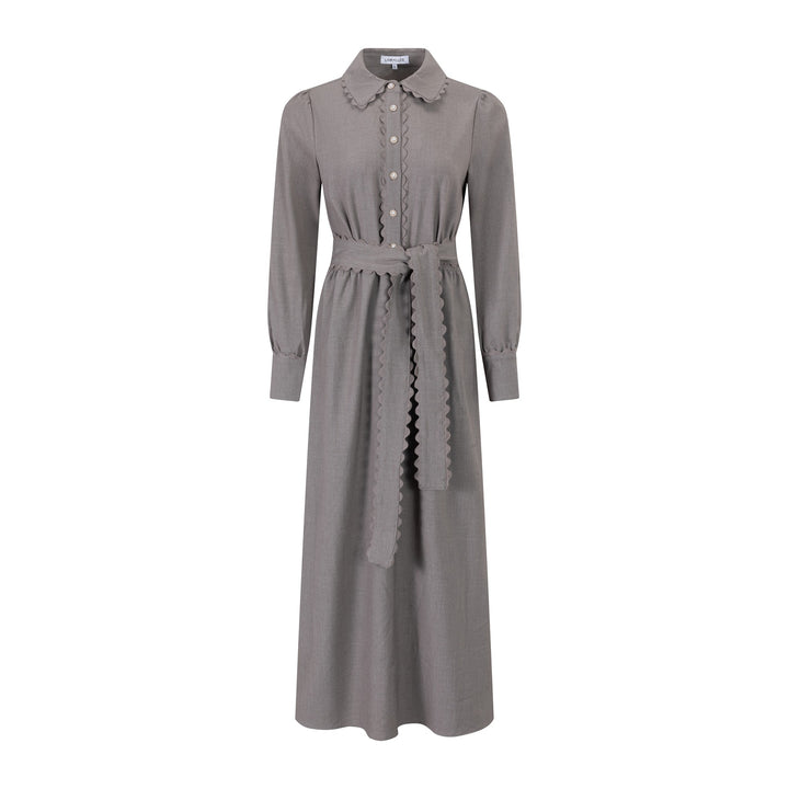 Button-Front Dress W/ Scalloped Trim & Tie Belt - Grey