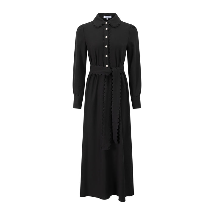 Button-Front Dress W/ Scalloped Trim & Tie Belt - Black