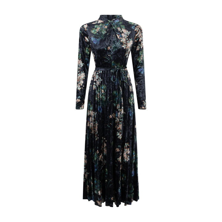 Dark Floral Velvet Dress W/ Pleated Skirt