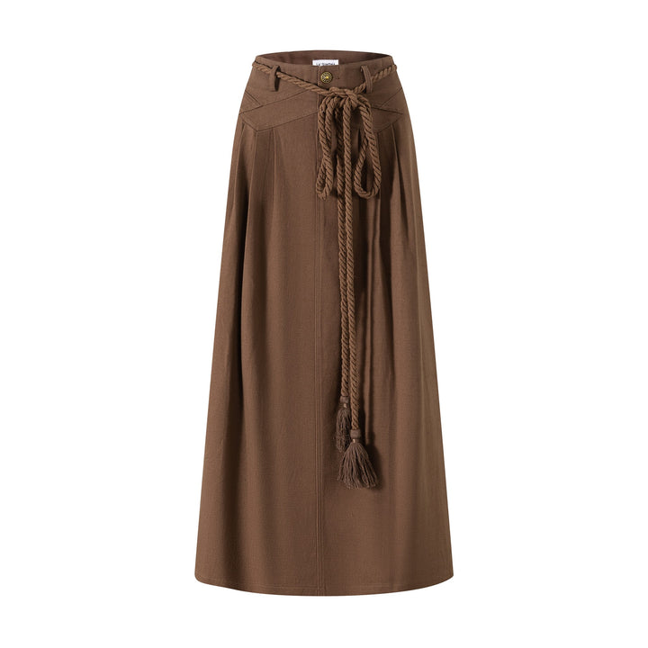 Brown High Waist Pleated Skirt W/ Rope Belt