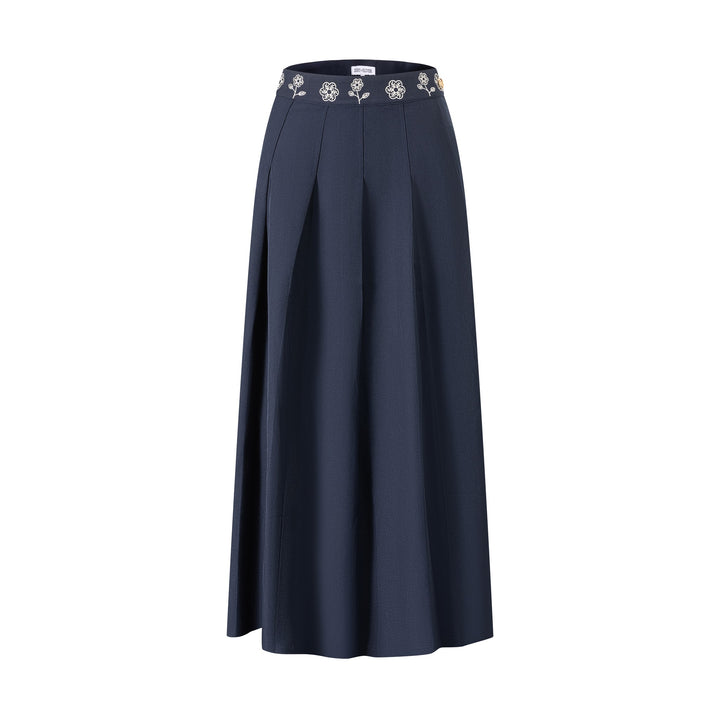 Pleated Skirt W/ Floral Embroidered Waist - Navy