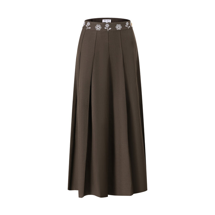 Pleated Skirt W/ Floral Embroidered Waist - Brown