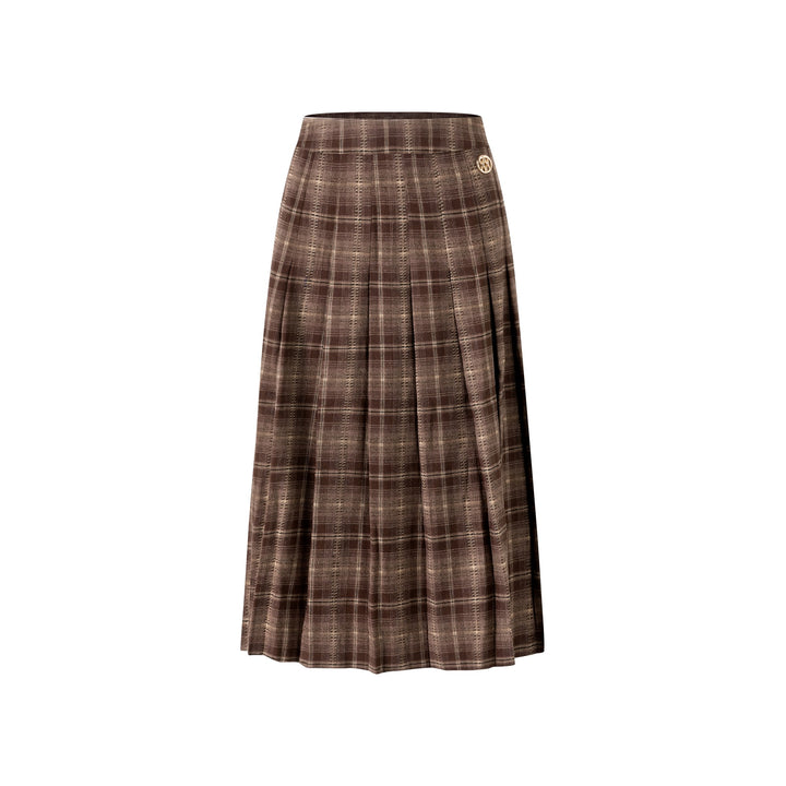 Plaid Midi Skirt - Brown
